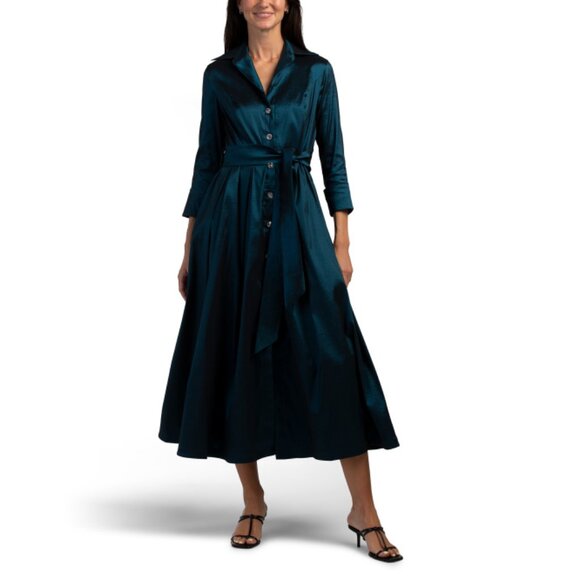MARINA Teal Stretch Taffeta Tea Length Shirt Dress - Picture 1 of 2